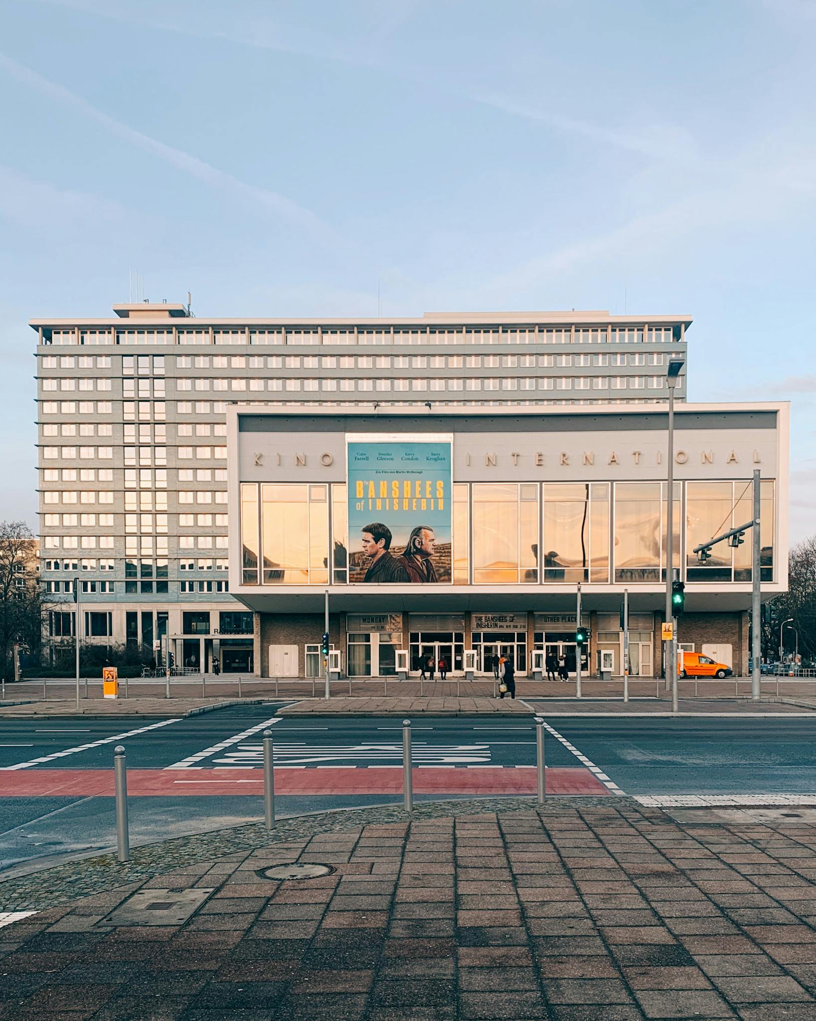View of the iconic Kino International cinema building facade in Berlin, Germany.